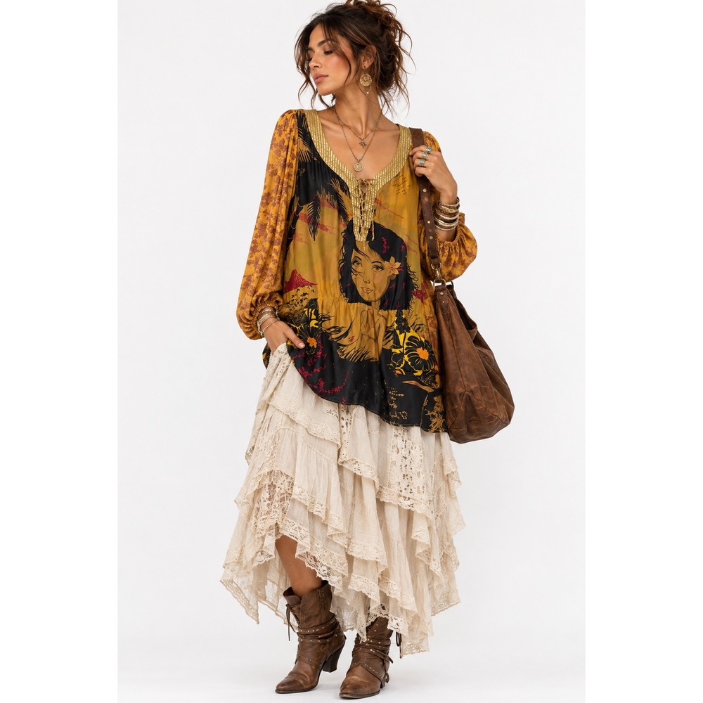 Custo Barcelona Silk Blend Tropical Hula Girl Tunic Top Gold Metallic Trim Sz 4